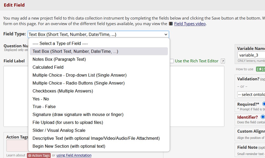 Field type dropdown