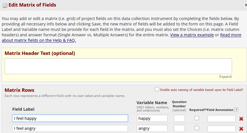 Matrix of fields in Editor, top half