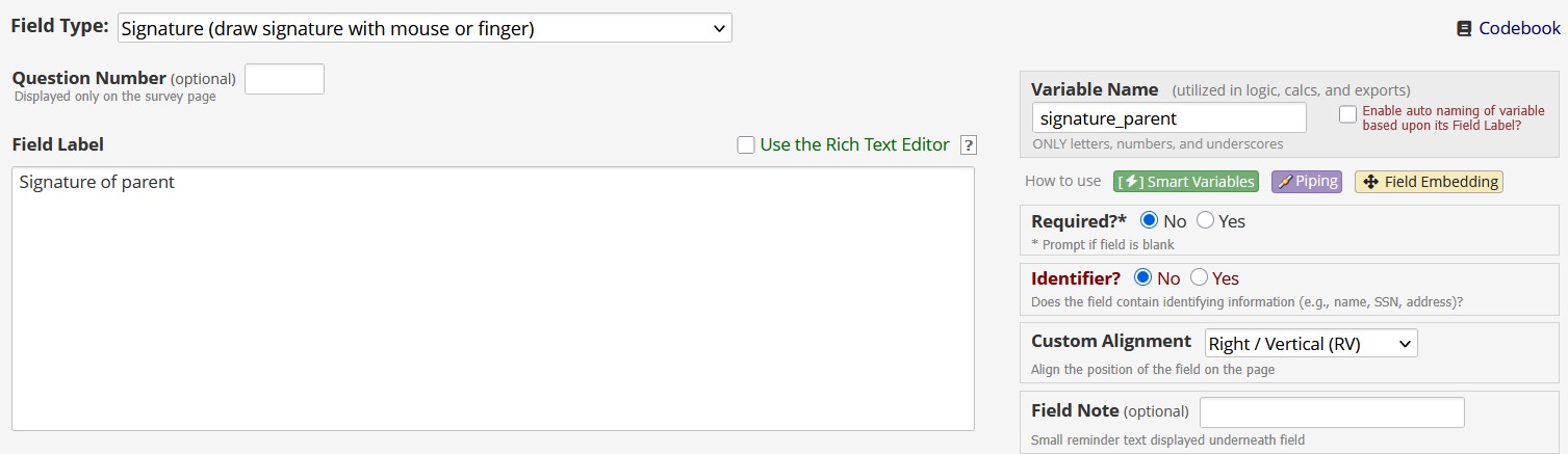 Signature field in editor